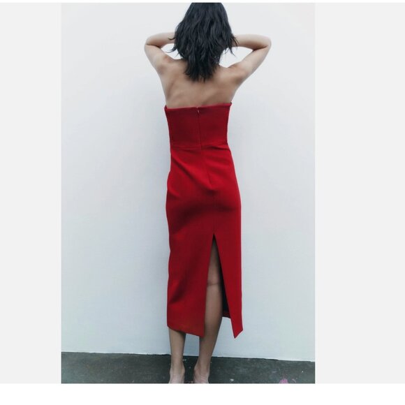 Zara strapless midi dress with a slit Bright Red - Picture 4 of 8